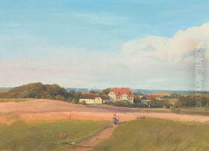 Landscape with persons heading towards a small manor house, with the sea further away. by Niels Gronbek Rademacher