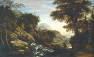 Mountainous forest landscape with a view of a castle by Renier Meganck