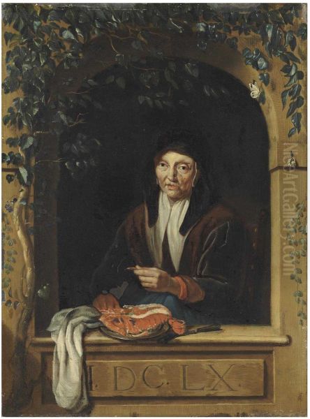 An old woman cutting a lobster at a window - view 1