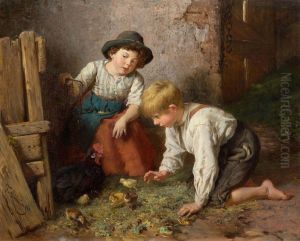 Two children with the chicks by Felix Schlesinger