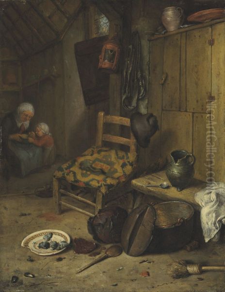 A kitchen interior with a mother and child
the coat-of-arms of the Van Doerne family on the woven cushion - view 1