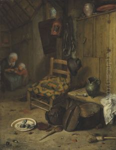 A kitchen interior with a mother and child
the coat-of-arms of the Van Doerne family on the woven cushion by Adriaen van Ostade
