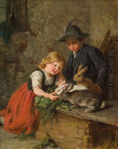 Two children feeding rabbits by Felix Schlesinger