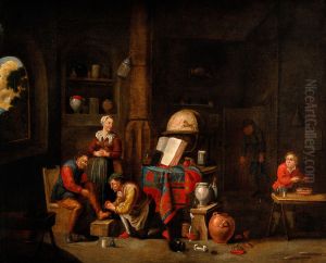 A surgeon treating an injury to a man's foot. by David Teniers the Younger
