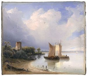 River landscape with two sailboats and a round tower on this shore