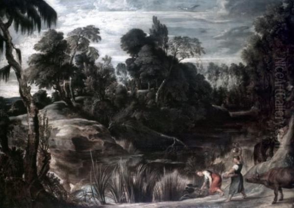 Pond with cows and milkmaids - view 1