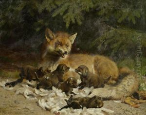 Vixen with puppy at the edge of the forest by Adolf Mackeprang