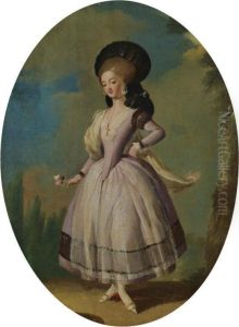 An Elegant Female Dancer, Wearing A Yellow Dress And A Blue Veil, A Servant Girl Looking On by Jose Camaron Y Boronat