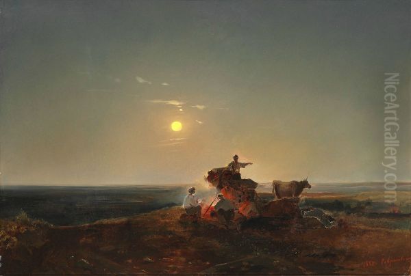 Nomads around a fire on the plain in moonlight - view 1