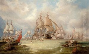 H.M.S. Edgar with the Channel Squadron, the Liverpool, the Warrior, and the Black Prince nearby
