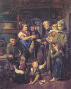 A traveling family of beggars is rewarded by poor peasants on Christmas Eve by Ferdinand Georg Waldmuller
