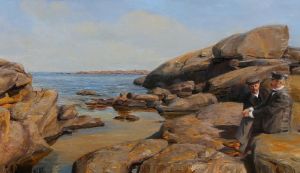 Two men in conversation on a rocky shore by H. A. Brendekilde