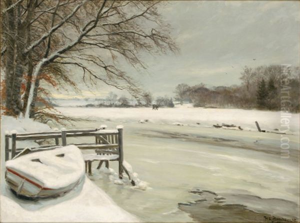Winter day by a stream, with hunters in the background. - view 1