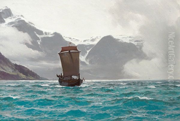 Sailing ship off a snow-covered coast. - view 1