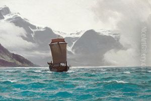 Sailing ship off a snow-covered coast. Sailing ship off a snow-covered coast.
