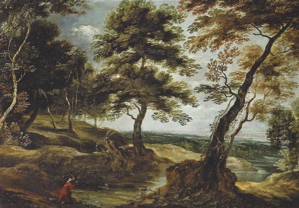Wooded landscape with an man near a river - view 1
