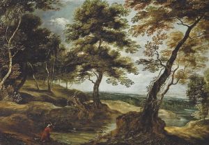 Wooded landscape with an man near a river by Ignatius Van Der Stock