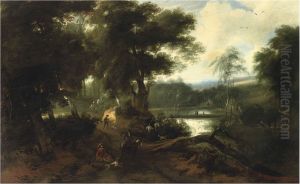 A wooded landscape with a hunting company resting near a pond by Ignatius Van Der Stock