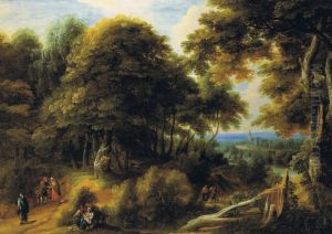 Wooded landscape with figures by Ignatius Van Der Stock