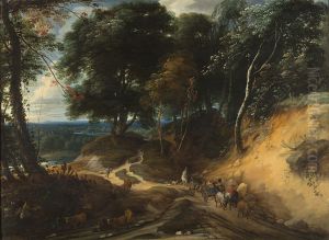 Wooded landscape with travelers by Ignatius Van Der Stock