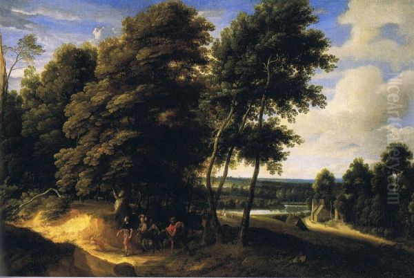 Wooded landscape with travellers on a road - view 1