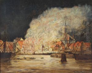 A mill burning in Christianshavn. by C.O. Zeuthen