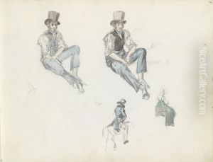 Sittende mann; ridende kvinne og mann by Johan Wilhelm Ludwig Dahl