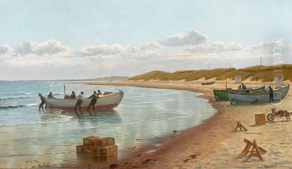 Coastal seenery with fishermen by their boats. - view 1