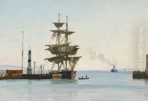 A sailing ship entering a port. by Christian Vigilius Blache