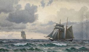 Sailing ships at sea on a cloudy day. by Christian Vigilius Blache
