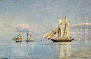 Sailing ships at sea on a calm summer day. by Christian Vigilius Blache