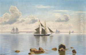 Sailing ships at sea on a calm summer day. by Christian Vigilius Blache