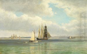 Sailing ships off the coast at Ellekilde. by Christian Vigilius Blache