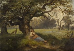 Landscape with a sleeping girl by Ernst Ferdinand Oehme