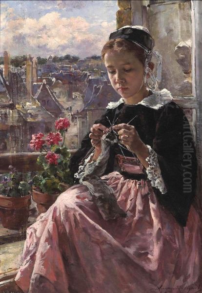 A Young Breton Girl Knitting by a Window - view 1