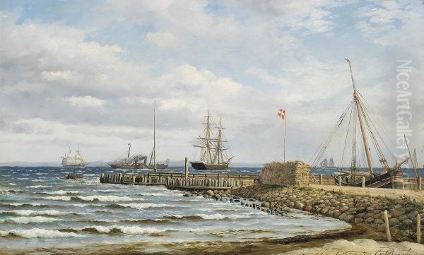 Ships off Humlebaek, a jetty in the foreground. - view 1