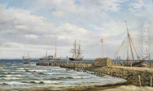 Ships off Humlebaek, a jetty in the foreground. by Carl Baagoe