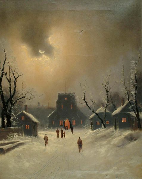 Figures in a winter landscape with church beyond. - view 1