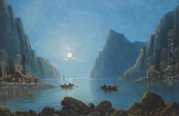 Rowing on a fjord by moonlight. - view 1