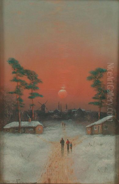 Figures in a winter landscape at sunset. - view 1