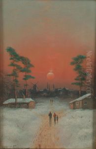 Figures in a winter landscape at sunset. Figures in a winter landscape at sunset.