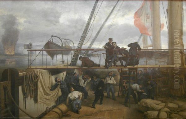 Momento en el que cae herido el brigadier Casto Mendez Nunez en el puente de la.fragata Numancia frente a los fuertes de El Callao (2 de mayo de 1866) - view 1