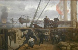 Momento en el que cae herido el brigadier Casto Mendez Nunez en el puente de la.fragata Numancia frente a los fuertes de El Callao (2 de mayo de 1866)