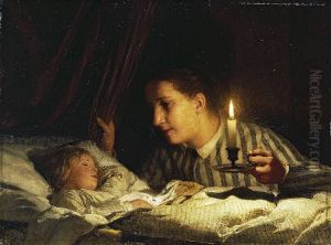 Young mother contemplating her sleeping child in candlelight by Albert Anker