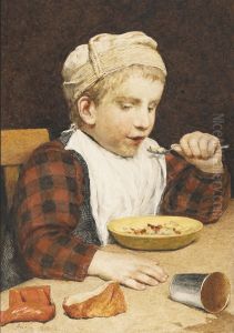 Boy with a hat eating by Albert Anker