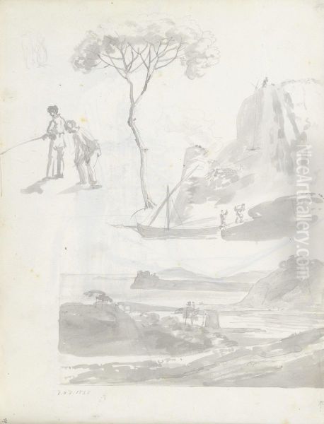 Figurstudier; to menn som fisker; pinje; felukk ved klippekyst; Mare morto - view 1