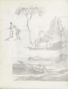Figurstudier; to menn som fisker; pinje; felukk ved klippekyst; Mare morto by Johan Wilhelm Ludwig Dahl