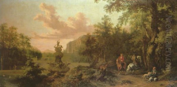 A hawking party in a wooded parkland with a view of a water fountain and a villa beyond. - view 1