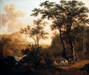 An extensive wooded river landscape with travellers on a rocky road, ruins and mountains beyond by Dirk Dalens