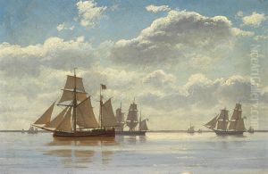 Sailing ships at sea on a sunny day.